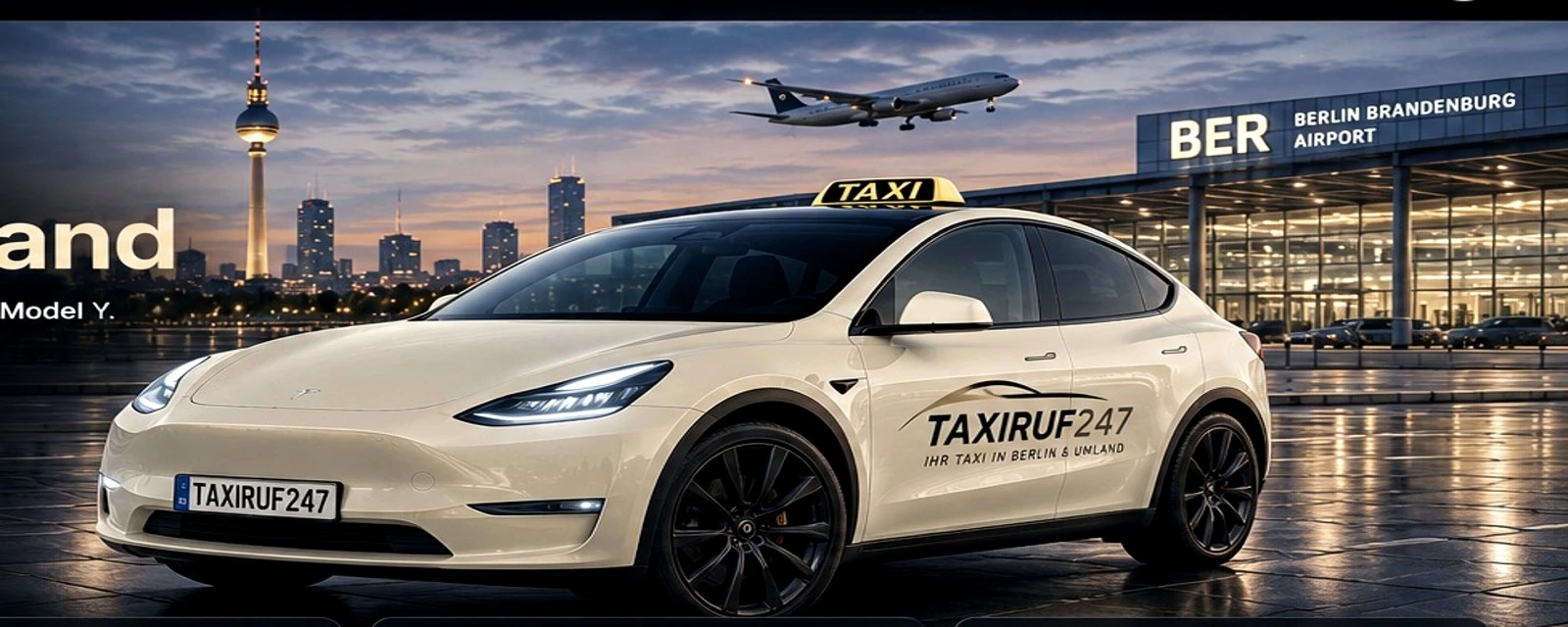 Hellelfenbeinfarbenes Tesla Model Y Taxi vor Berlin und dem Flughafen BER